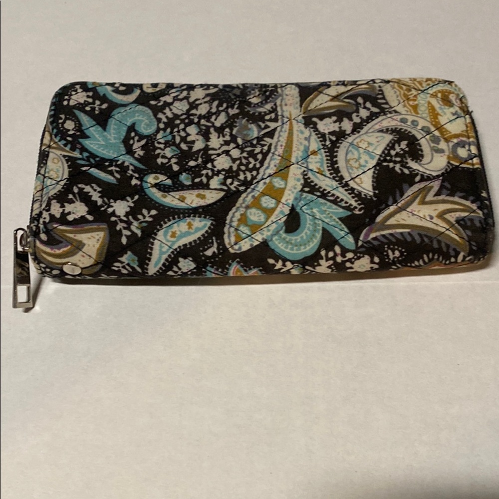 Blue and Brown Paisley Wallet with Zippered Closure